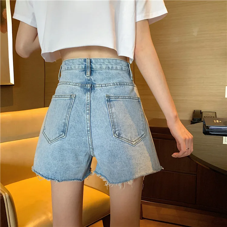 

Summer New 2020 Casual Double Pocket Design Loose Slim High Waist A-character Wide Leg Pants Denim Shorts Hot Pants Fashion