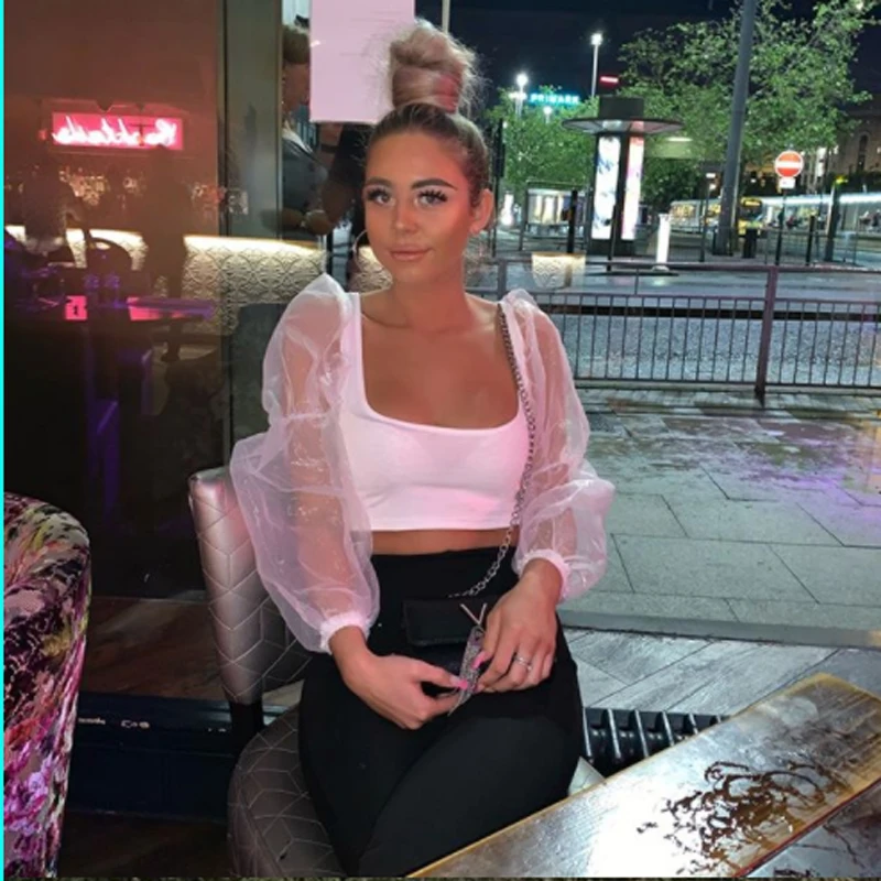 

Kayotuas Women Blouse Sexy Off-the-Shoulder Ruffles Long Puff Sleeve Mesh Sheer Top Shirt Office Ladies Party Sweet Short Outfit