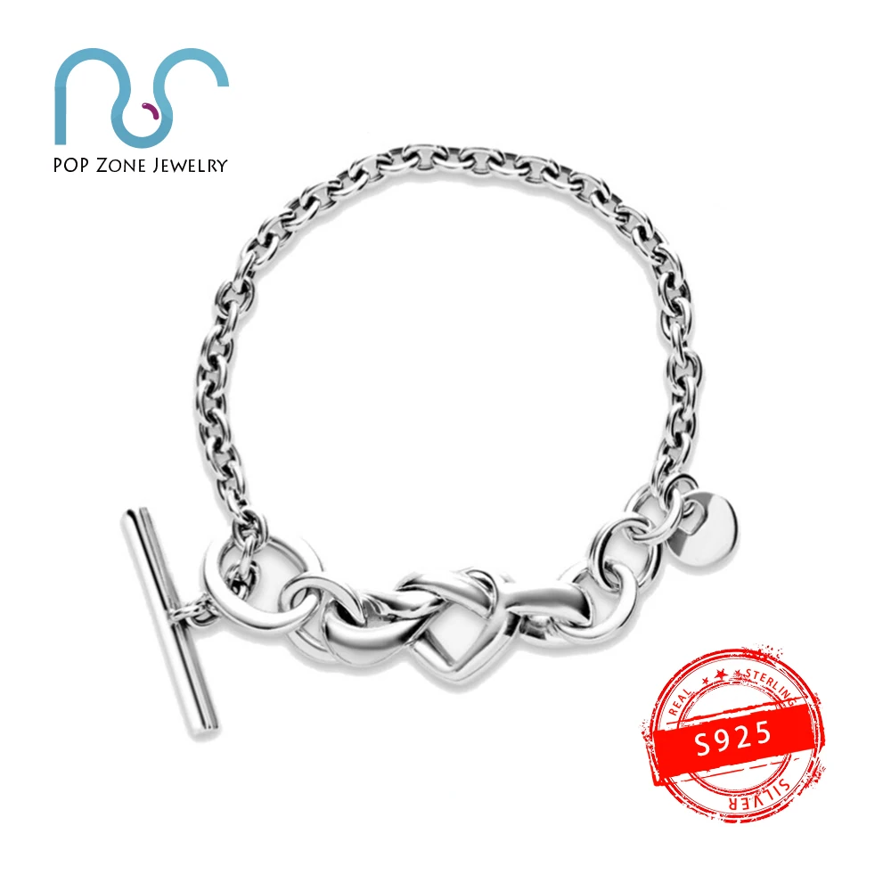 

Fit Original Pan Charm Bracelet S925 Sterling Silver Bracelet Knot Heart T-Link Bracelet Female Brand Qualified Jewelry Gift