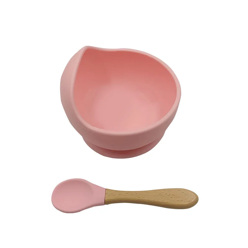 

2Pcs/Set Baby Silicone Suction Bowl Spoon Tableware Infant Wood Waterproof Spoon Plate BPA Free Kids Non-Slip Dishes