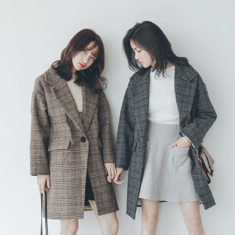 

Autumn Winter New Fashion Loose Plaid Thick Women Woolen Coat with Pocket 2019 Casual Office Lady Outwear Coffee Gray Coat B622