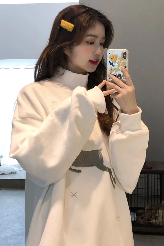 

White deer Christmas sweaters plus velvet thickened women's new bottoming shirt half high collar inside