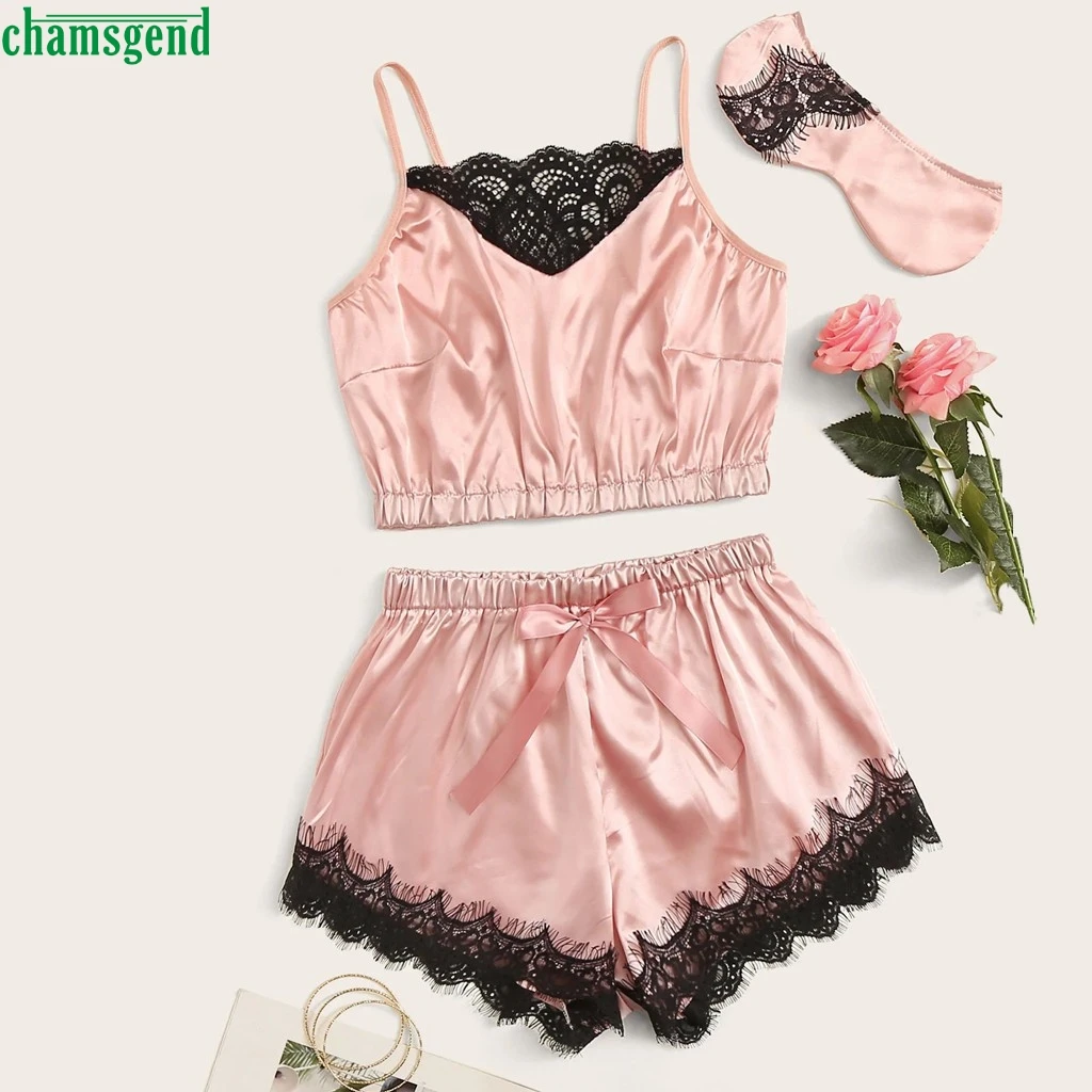 Chamsgend Женская одежда для сна Кружевной Костюм очки пижамы атласная кофта пижама