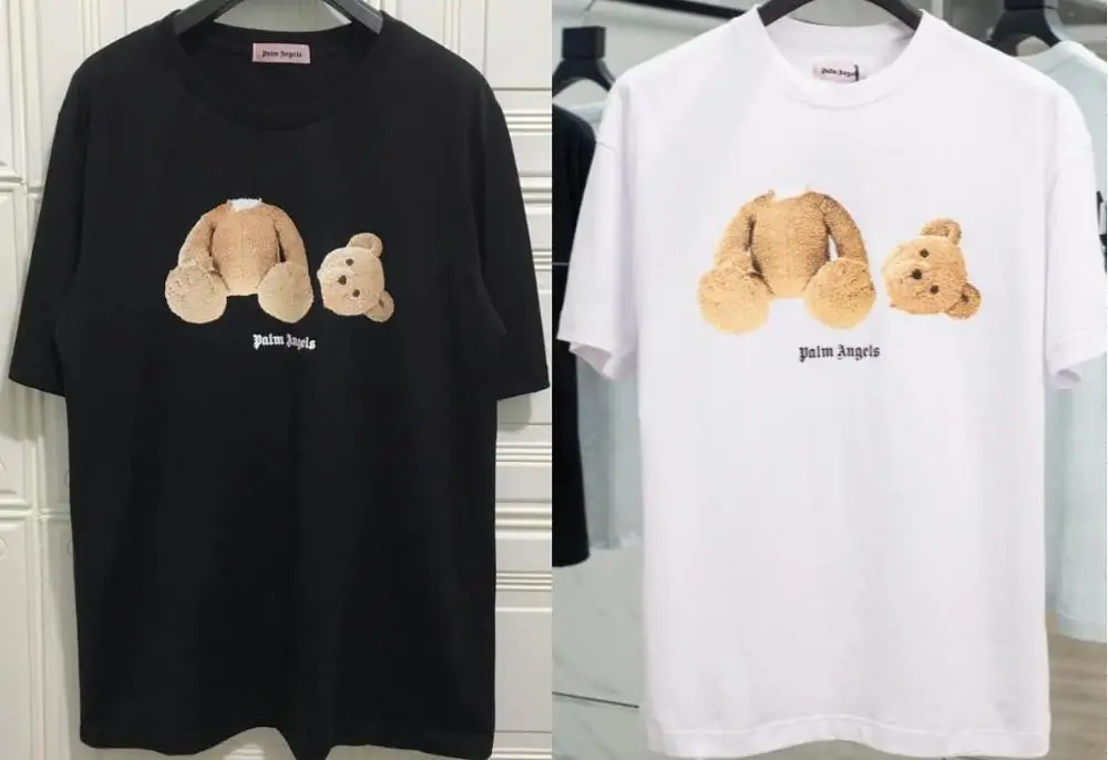 

Palm Angels Khaki Cartoon Little bear Men Women Lovers Couple models Cotton Fashion Casual Short Sleeve Round Neck T Shirt