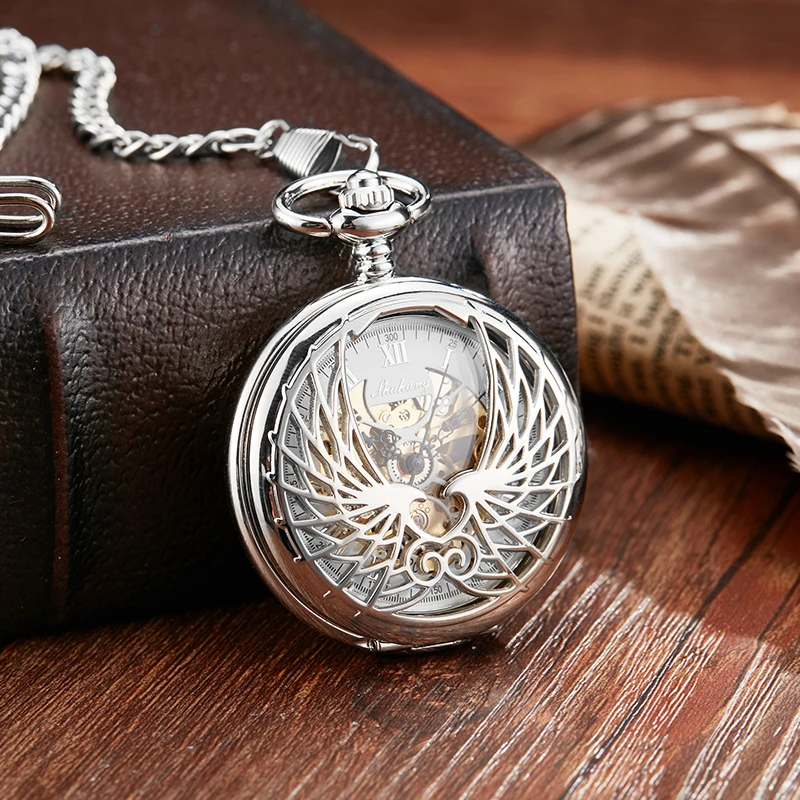 Roman Numeral Hollw Sliver Wings Mechanical Pocket Watch Luxury Steampunk Skeleton Engraved Fob Chain Clock for Men Collection