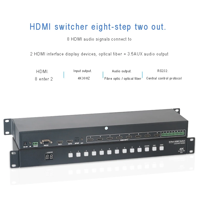 

HDMI Switcher 8 in 2 Out Plug and Play o Splitter 4K HDMI Video Switcher Rack-Mounted Design EU Plug