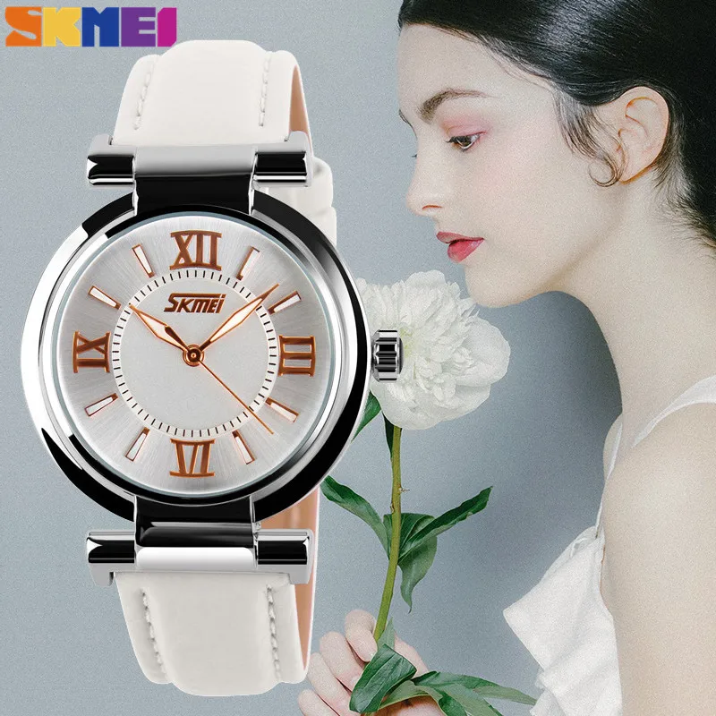 SKMEI роскошные часы женские кварцевые Топ бренд кожаный ремешок модные платья