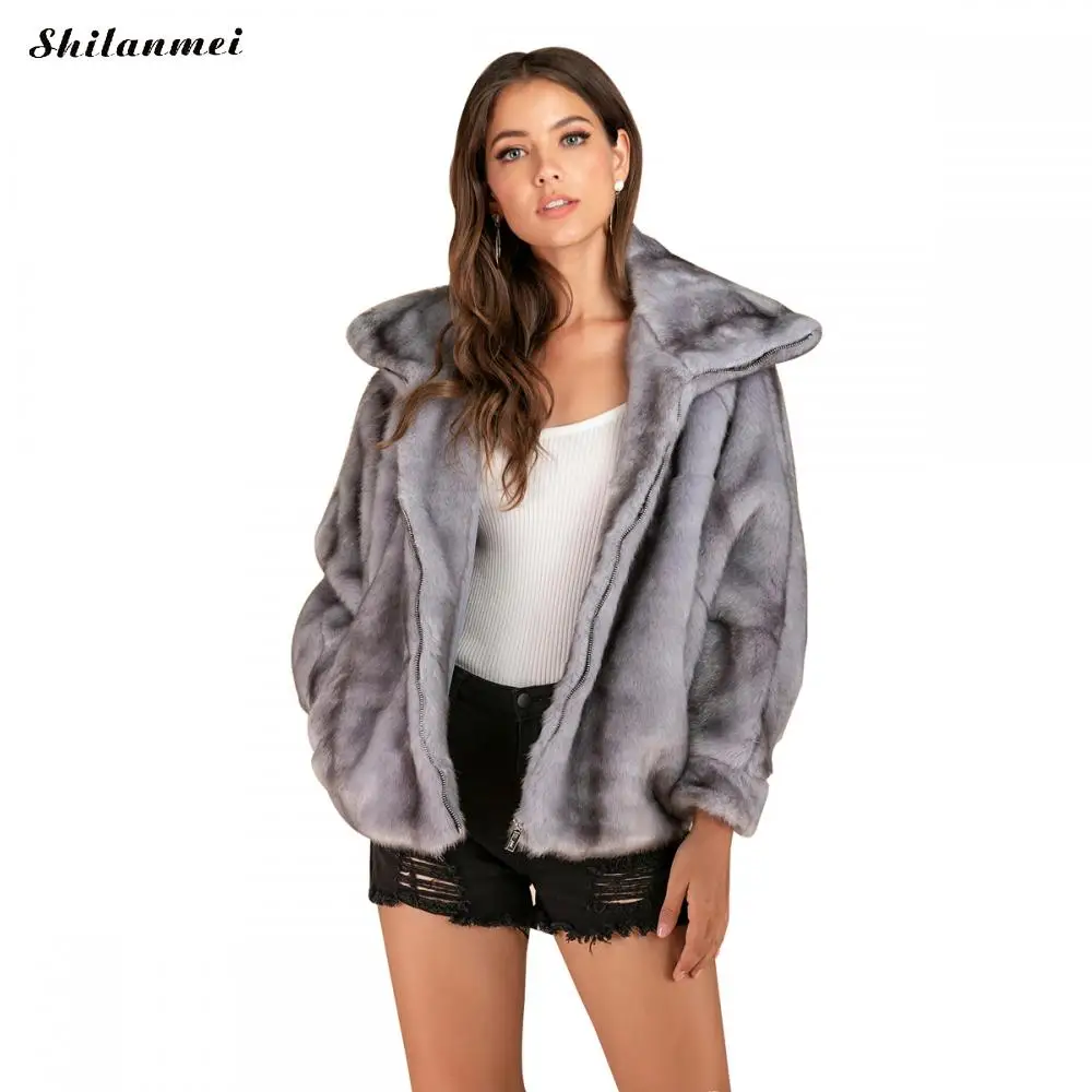 

2019 Grey Artificial Fur Coat Women Winter Fluffy Batwing Sleeve Female Jacket Fashion Cropped Fur Jacket Free Size Outerwear