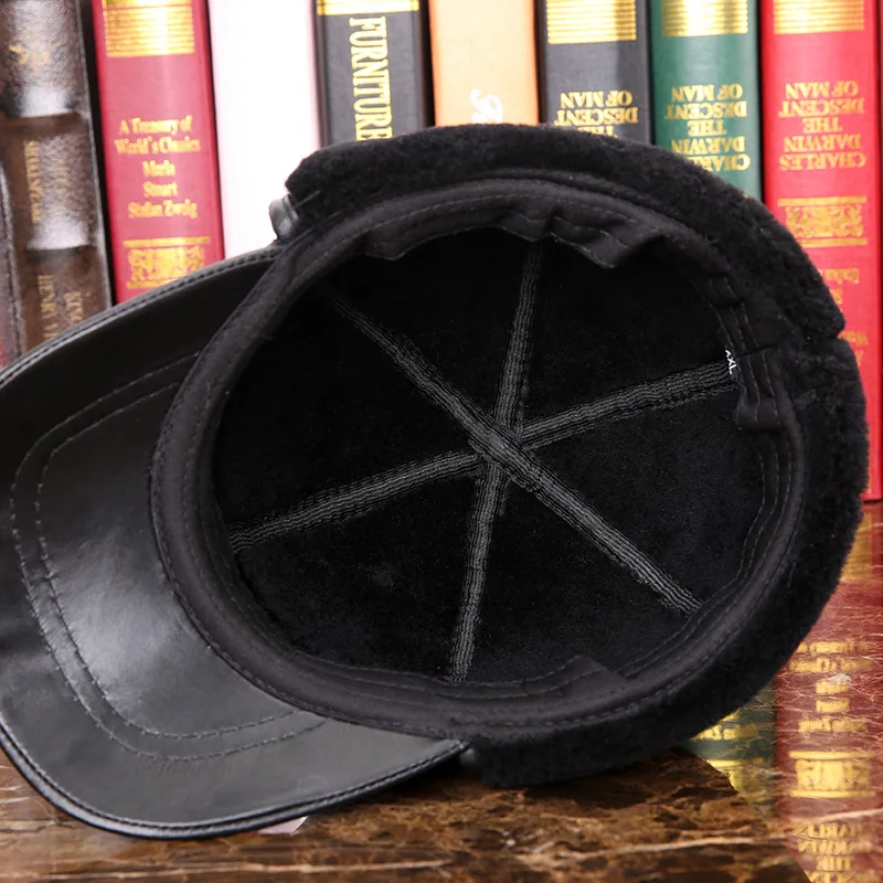 100% Genuine Leather  man winter hat man earmuffs sheep leather cap middle-aged and  leather hat warm wool cap
