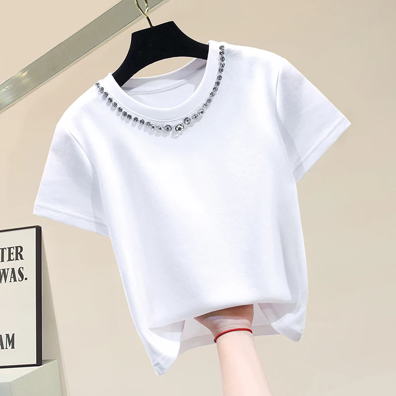 

T-shirt for Women 2021 New Heavy Industry Beaded Cotton Short Sleeve T-shirt Korean Loose Pullover Underwear Top Woman Tees Tops