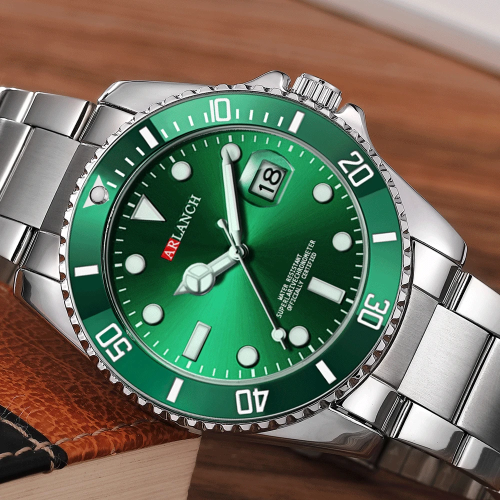 hot sale top brand business men watches green waterproof fashion mens watch arlanch watches calendar stainless steel watch free global shipping