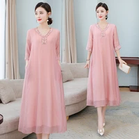 2021 new cotton embroidery loose large hem womens dress simple korean stitching three quarter sleeve women clothes