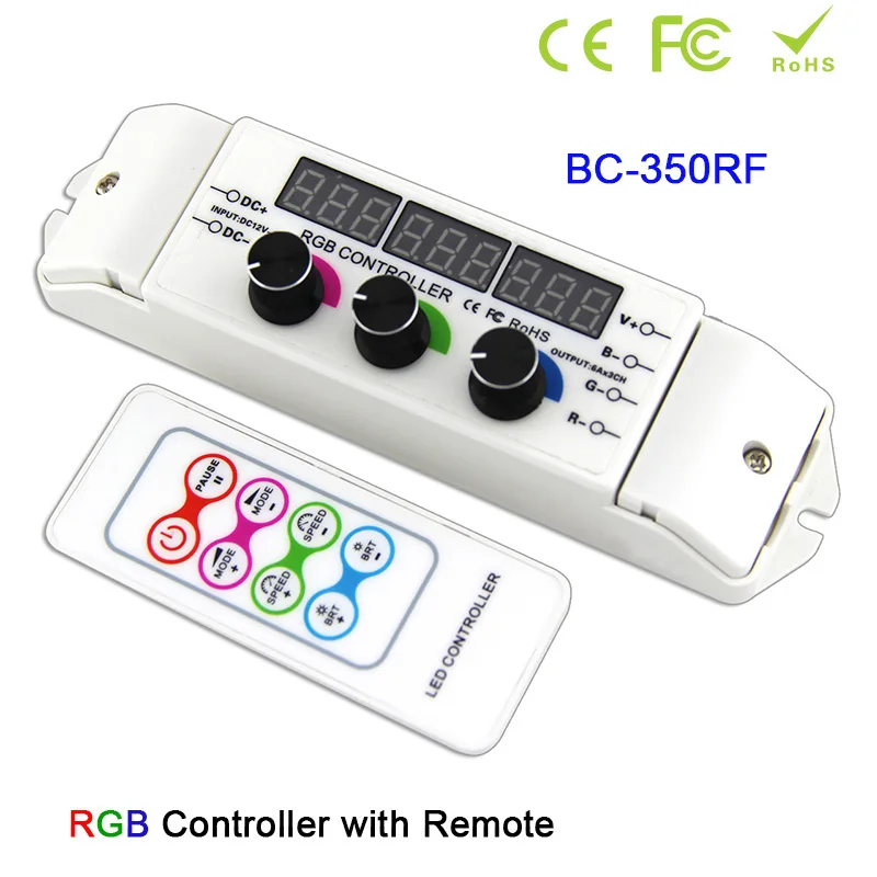 

DC12V 24V RGB full color LED Strip Light Controller 6A*3CH display PWM BC-350RF modules dimmer rotary switch & wireless Remote