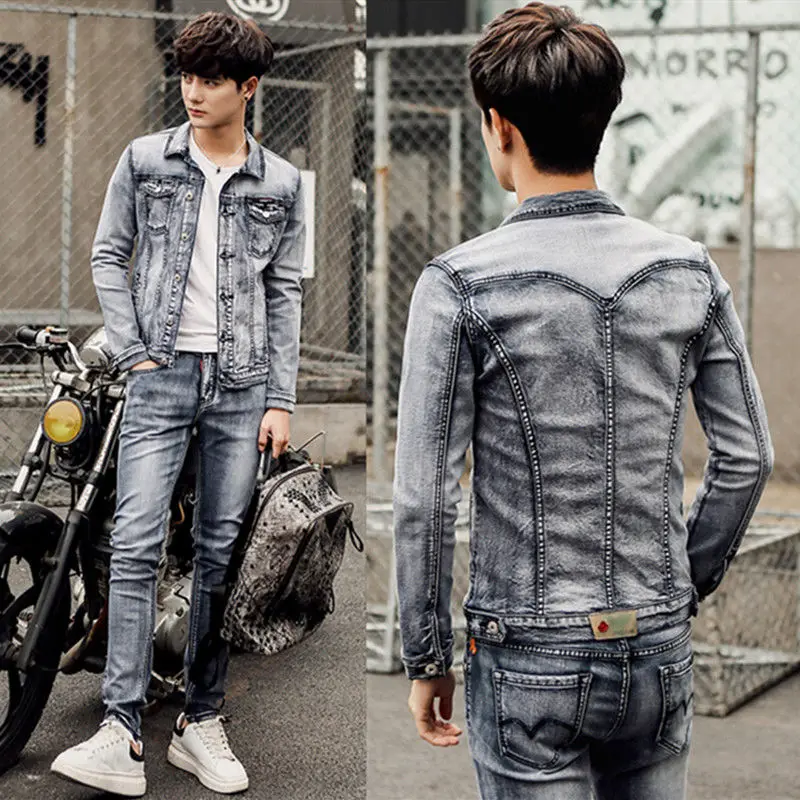 

Men 's Denim Suit Spring And Autumn Korean Style Slim Fit Student Casual Jacket + Trousers