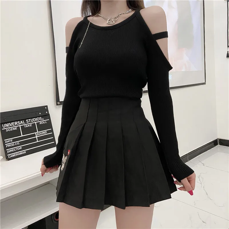 

Korean Sexy Club Black Off Shoulder Top Female Spring Autumn New Fashion Slim Long Sleeve Knitted Sweater Women Clothing Hipster