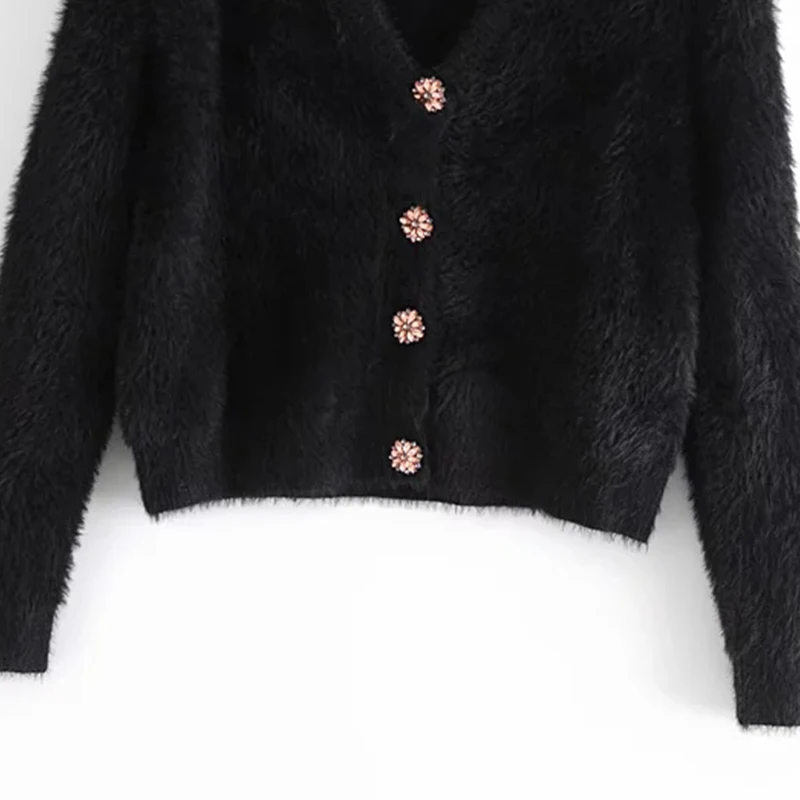 

Knitted Jackets Black Coats Women's Cardigan Sweaters Faux leather effect Jumpers Mujer Long Sleeves Crop Top Casual Knitwear Za