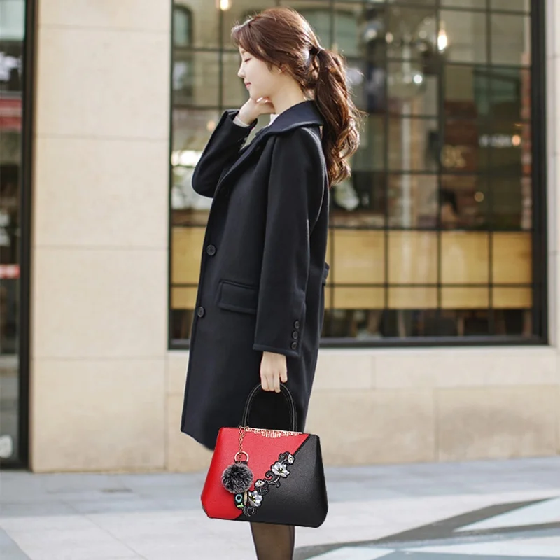 

Fashion Women Handbags PU Leather Embroidery Bags Brand Luxury Shoulder Bag Hit Color Top-handle Hand Bags Flower Messenger Bag