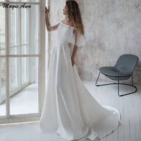magic awn chic off the shoulder wedding dresses beach short sleeve simple wedding party gowns satin cheap customized robe mariee