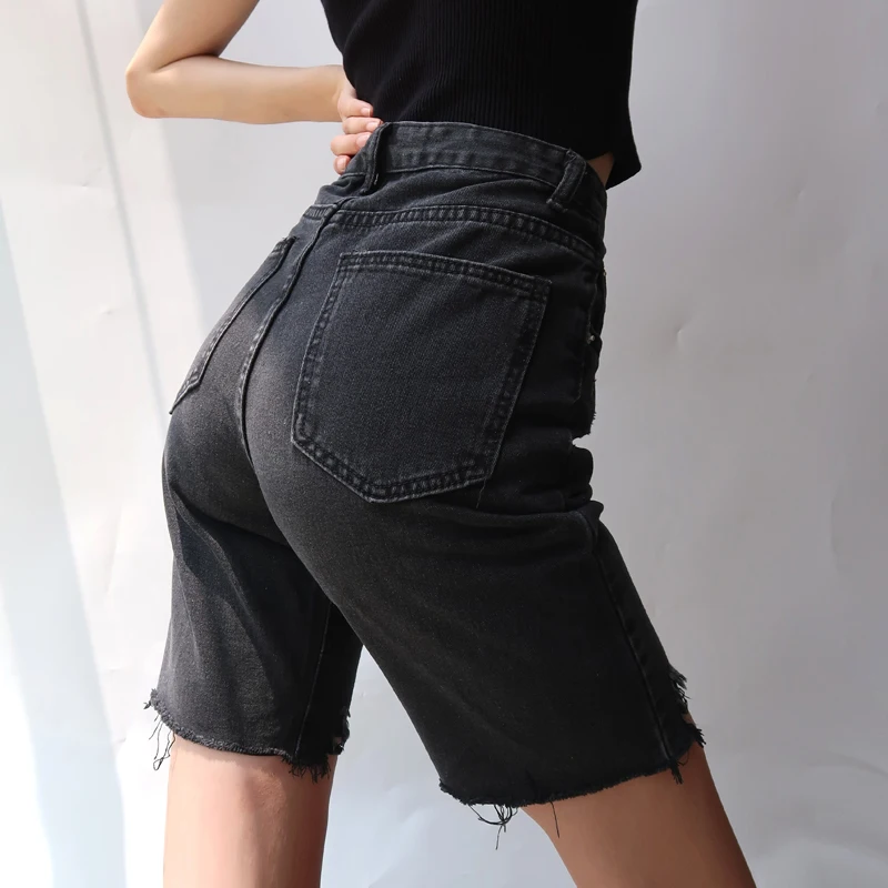 

High Waist Hole Tassels Slim Cyclist Denim Bermuda Shorts Jeans Summer Straight Casual Fashion Women Denim Shorts Zipper 2021