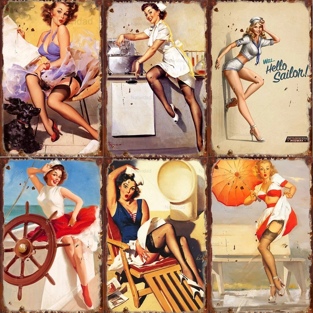 Vintage Europe Sexy Pin Up Girls Metal Sign Retro Beauty Woman Lady Poster Tin Plate Painting Bar Store Pub Man Cave Wall Decor