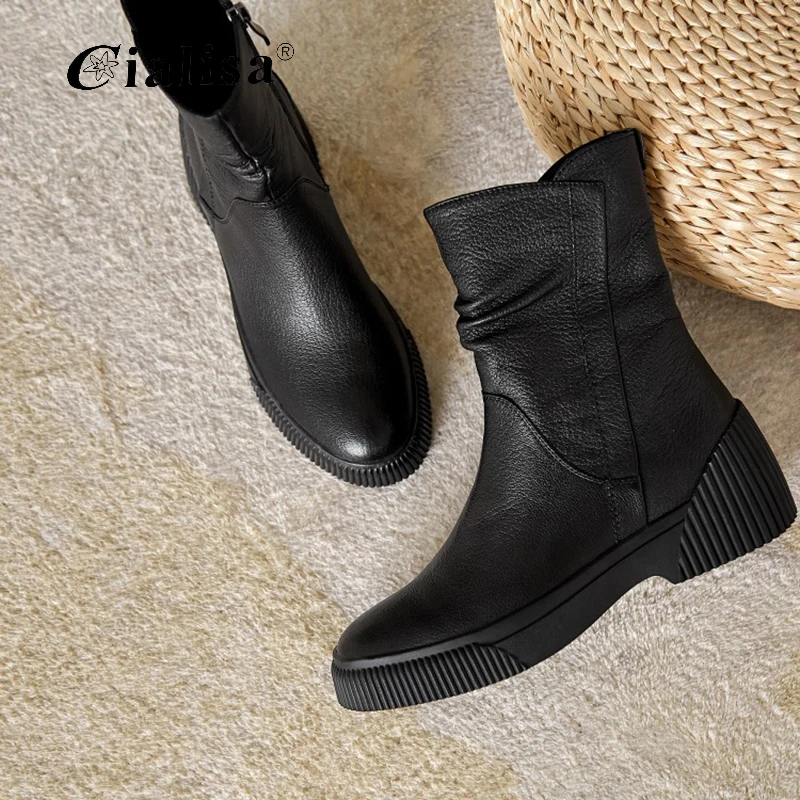 

CIALISA Women Shoes High Quality Fashion New Design Chunky Heel Boot 2020 Zipper Genuine Leather Round Toe Mid Heel Boot