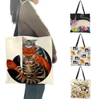 Сумка-тоут женская, из льна, с принтом в виде кошки