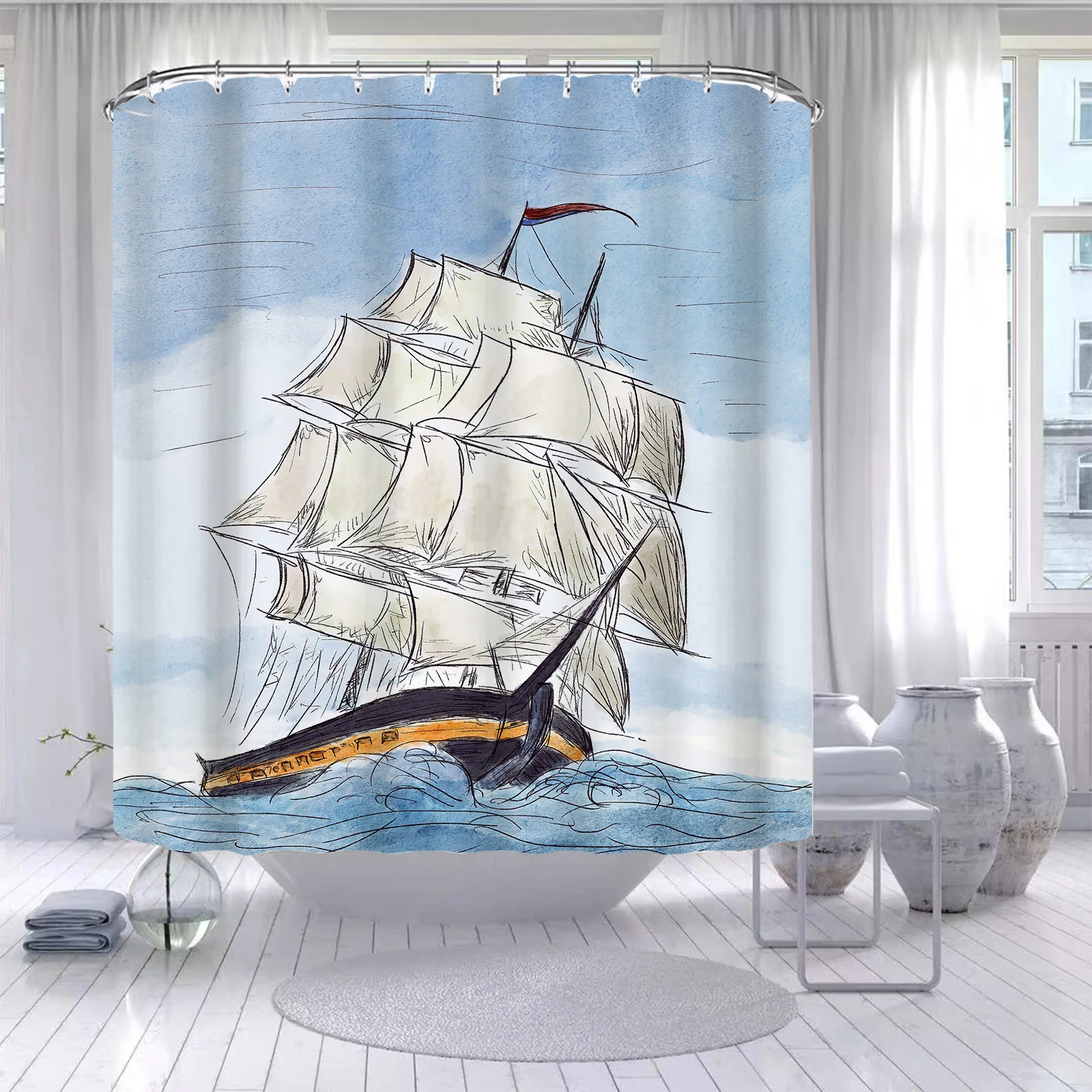 

YOOLOV New Vintage Pirates Ship Waterproof Shower Curtain Painting Retro Plants Printed Polyester Bath Bathroom Decoration 2022