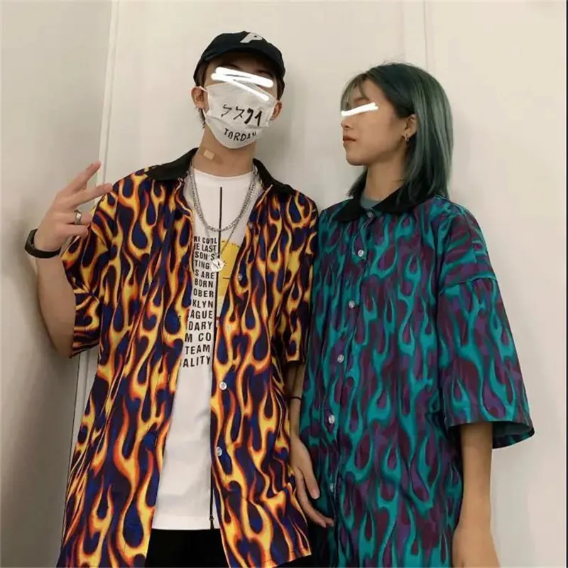 

Рубашка мужская оверсайз с принтом пламени, модная базовая футболка в японском стиле, свободная рубашка с длинным рукавом, в стиле Харадзюк...