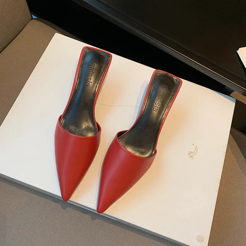 

Thin Heels Female Shoes Cover Toe Ladies' Slippers Shallow Med Luxury Slides Heeled Mules 2021 Designer High Summer Pointed Fash