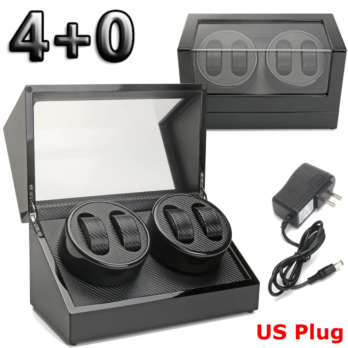 US Plug Black 4 слота часы намотки автоматические часы коробка дерево PU кожа тихий мотор Вращение 4 сетки наручные часы коробка для хранения с окошком - Цвет: US Plug Black