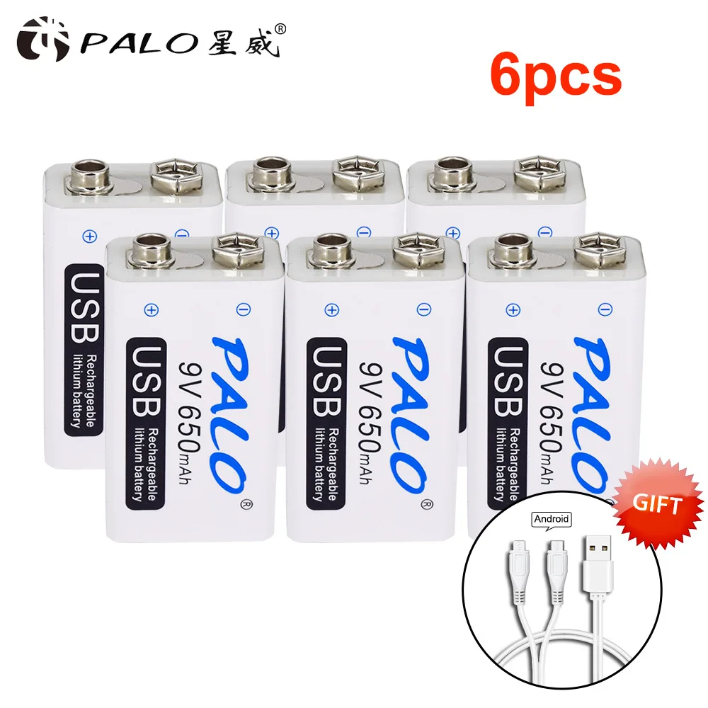 PALO 9V USB литиевая батарея 650mAh 6F22 литий-ионная аккумуляторная батарея для игрушек массажеры мультиметры гитара с USB кабелем - Цвет: 6pcs with cable
