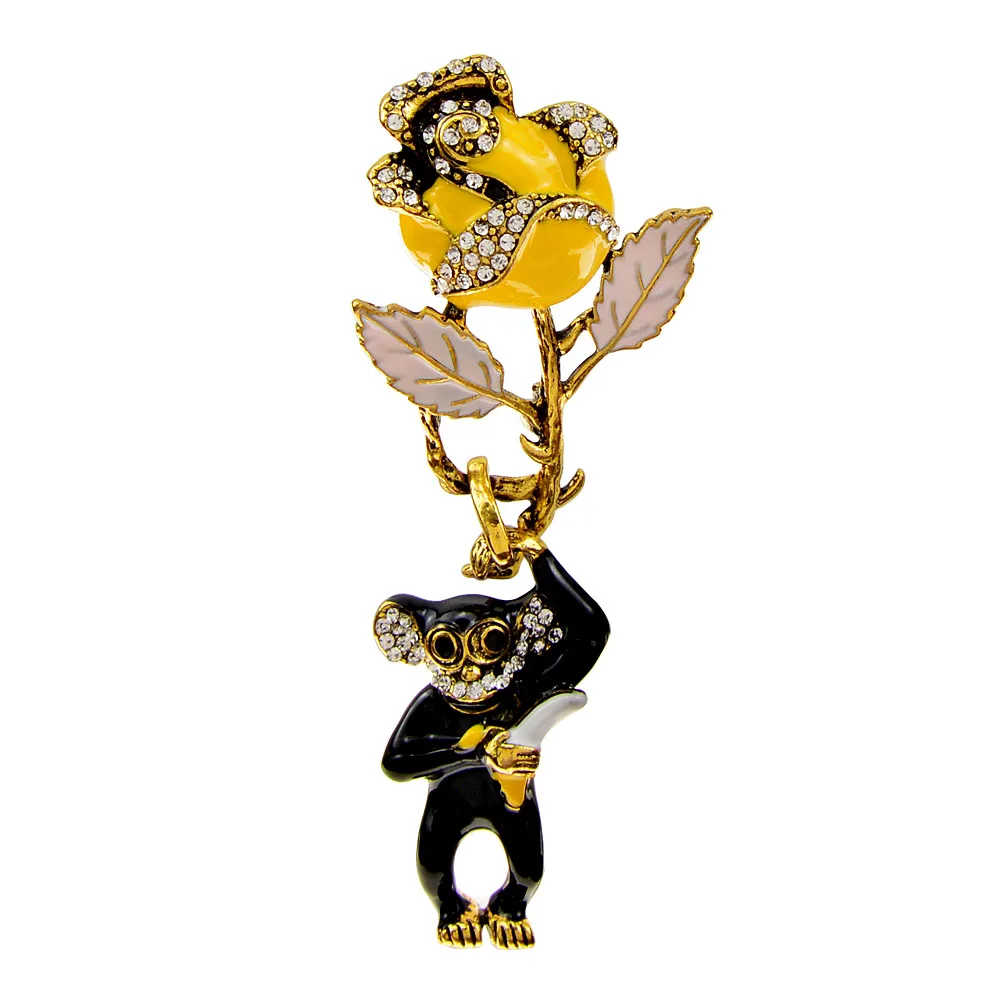 

CINDY XIANG Rhinestone Flower Monkey Pin Brooch Large Animal Jewelry Banana Enamel Vintage Rose Accessories Winter Design