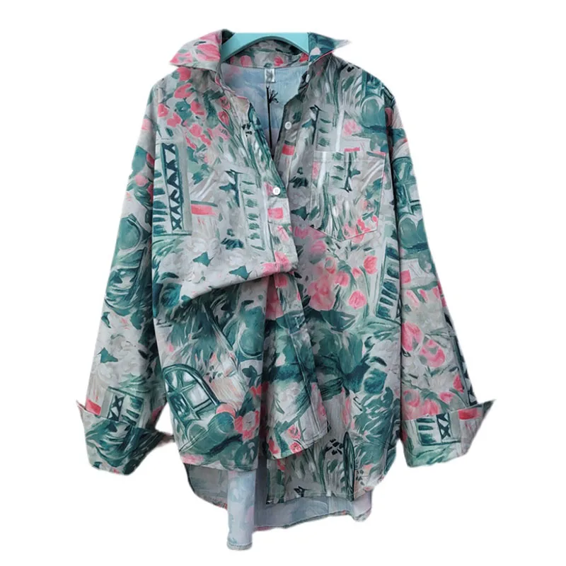 

SeeBeautiful Print Long Loose Shirt Lapel Full Sleeve Single Breasted Pocket New Fashion 2021 Summer Women E815