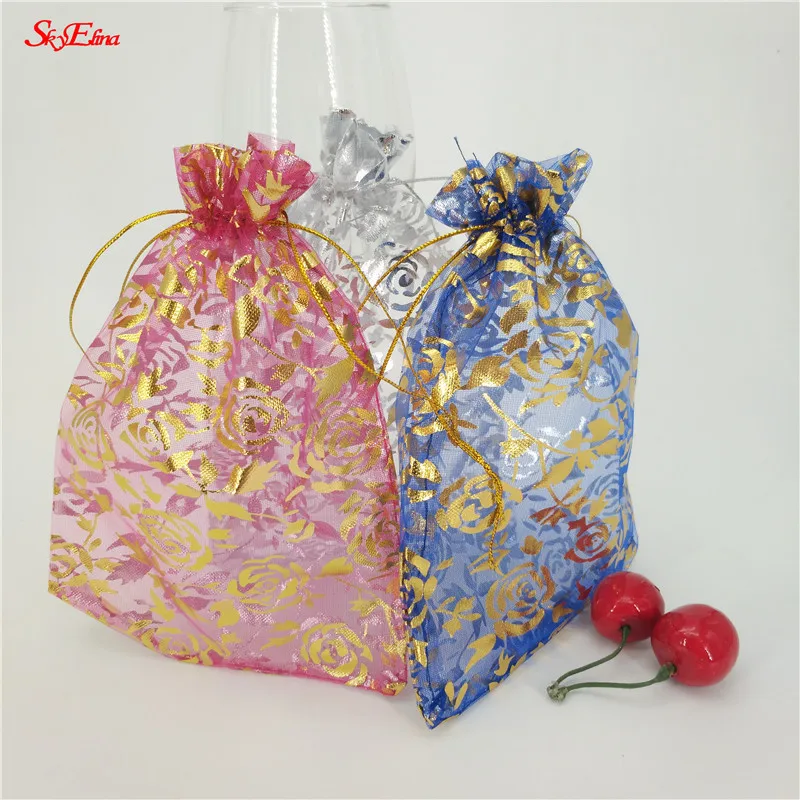 50 шт., 7x9, 9x12, 11x16, 13x18, 15x20, 20x30 см, позолоченные розы из органзы, ювелирные изделия, сумки для свадебной вечеринки, украшения, сувениры, сумки для подарков 5Z