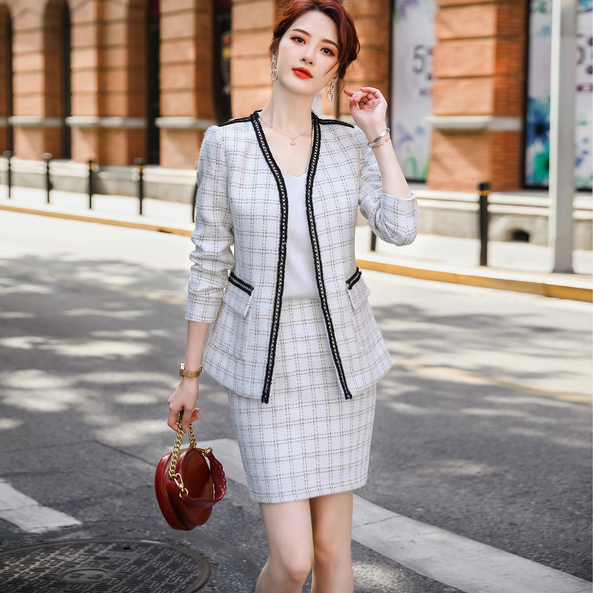 

Autumn Winter Women Suit Elegant V Neck Cardigan Blazer Coat Office Lady Fashion Casual Business Skirt Suits