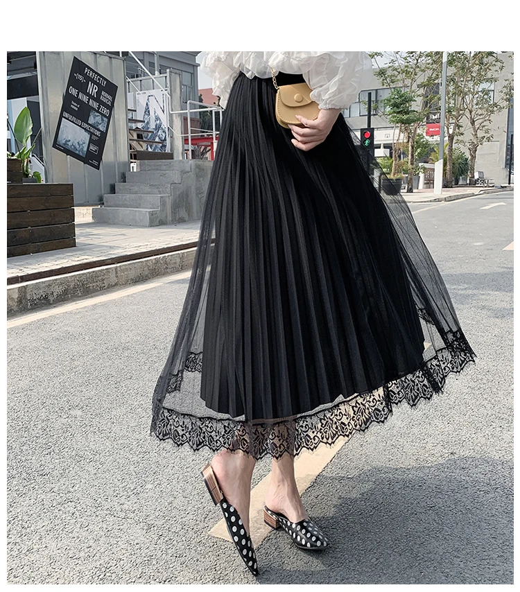 

FMFSSOM Summer Spring Double Sided Pleated Lace A-Line Elastic High Waist Long Women Ladies Female Skirts