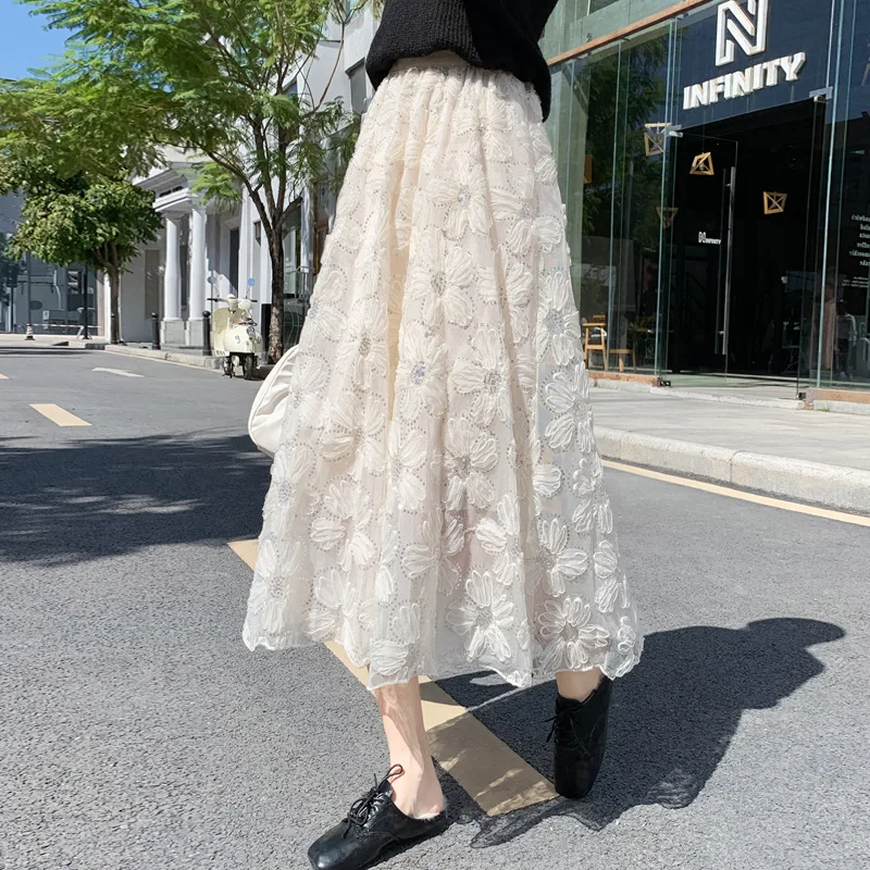 

Harajuku Skirts Women 2021 Kawaii Elastic Waist Floral Jarquard Sequins Midi Mesh Black Long Skirt White korean fashion clothing