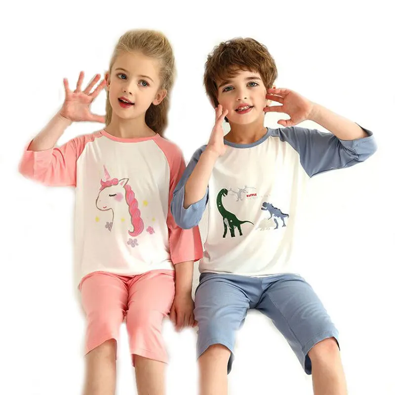 

Teens Boys Pajama Sets Summer Cartoon Unicorn Dinosaur Children's Short Sleeve Homewear Suits Girls Baby Thin Pajamas Clothing