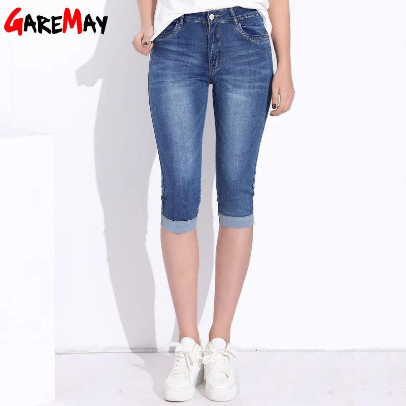 

GAREMAY Plus Size Skinny Capris Jeans Woman Female Stretch Knee Length Denim Shorts Pants Women With High Waist Summer