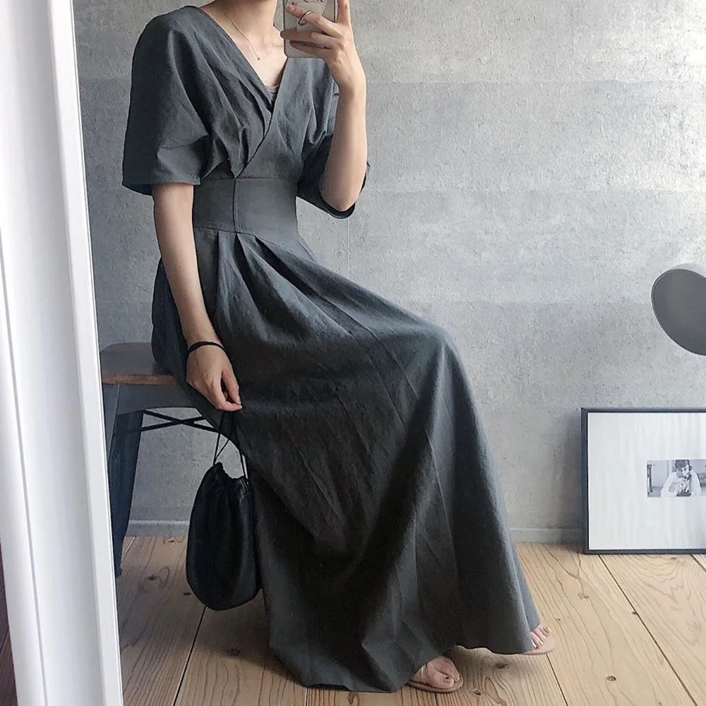 

2021 Summer Women Long Dress Plain Elegant Office Lady Work Maxi Dress Female Vestiods Fashion Japan Style A Line Dress Casual