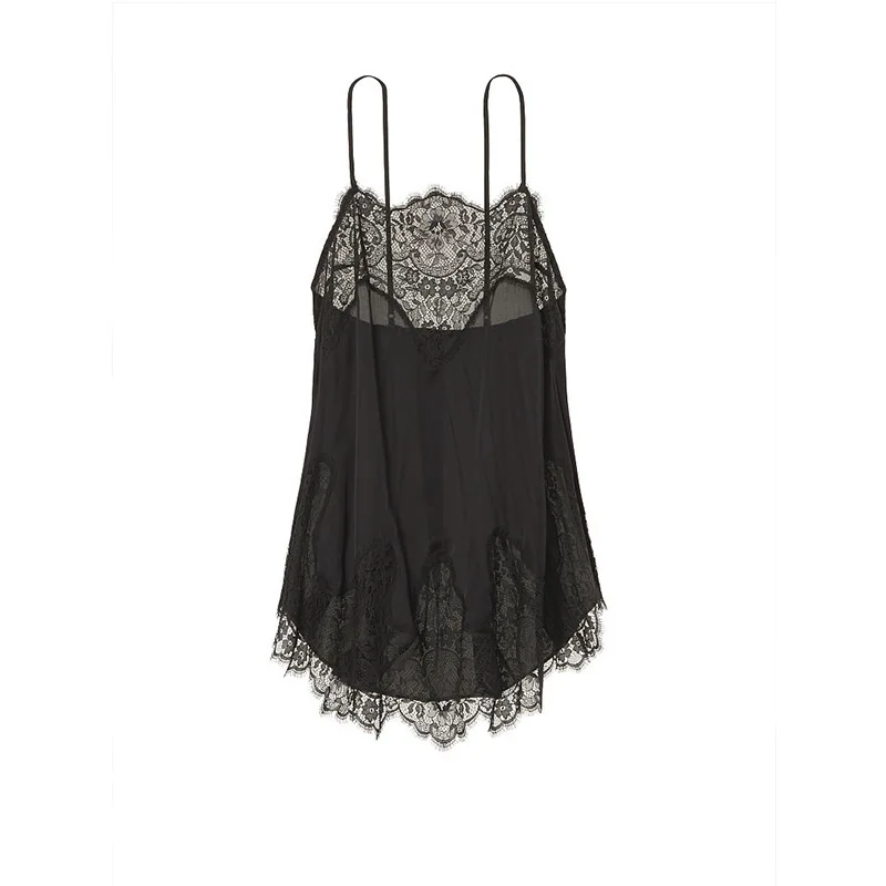 Милая сорочка для девочек, ночная рубашка, милое искушение, кружевная перспективная короткая Пижама, Femme, тонкая, с оборками, с открытой спиной, ночная рубашка для женщин - Цвет: black