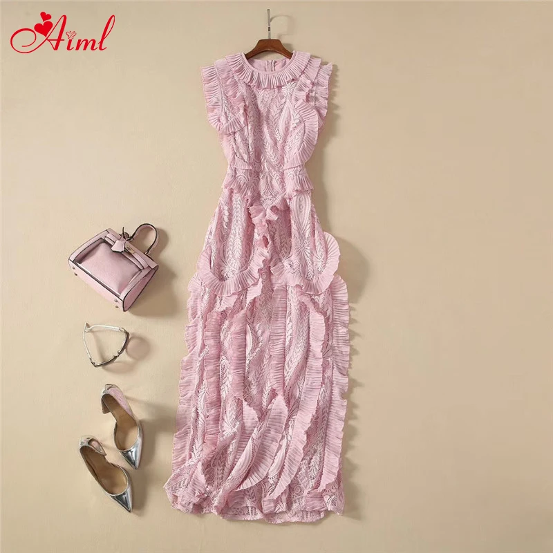 

2020 Fashion Designer Dress Spring Summer Dress Female Sleeveless Lace Patchwork Ruffles Elegant Party Slim Dresses
