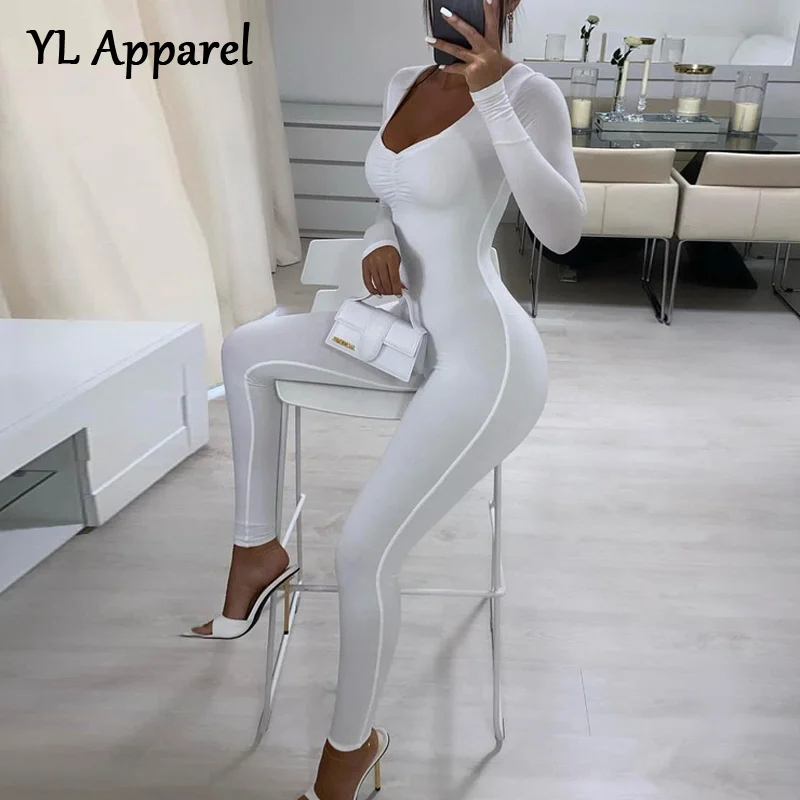 

Autumn Winter Bottoming Jumpsuit Rompers Solid Long Sleeve V-neck Skinny Yoga Sport Fitness Bodysuit Female Overalls White Black