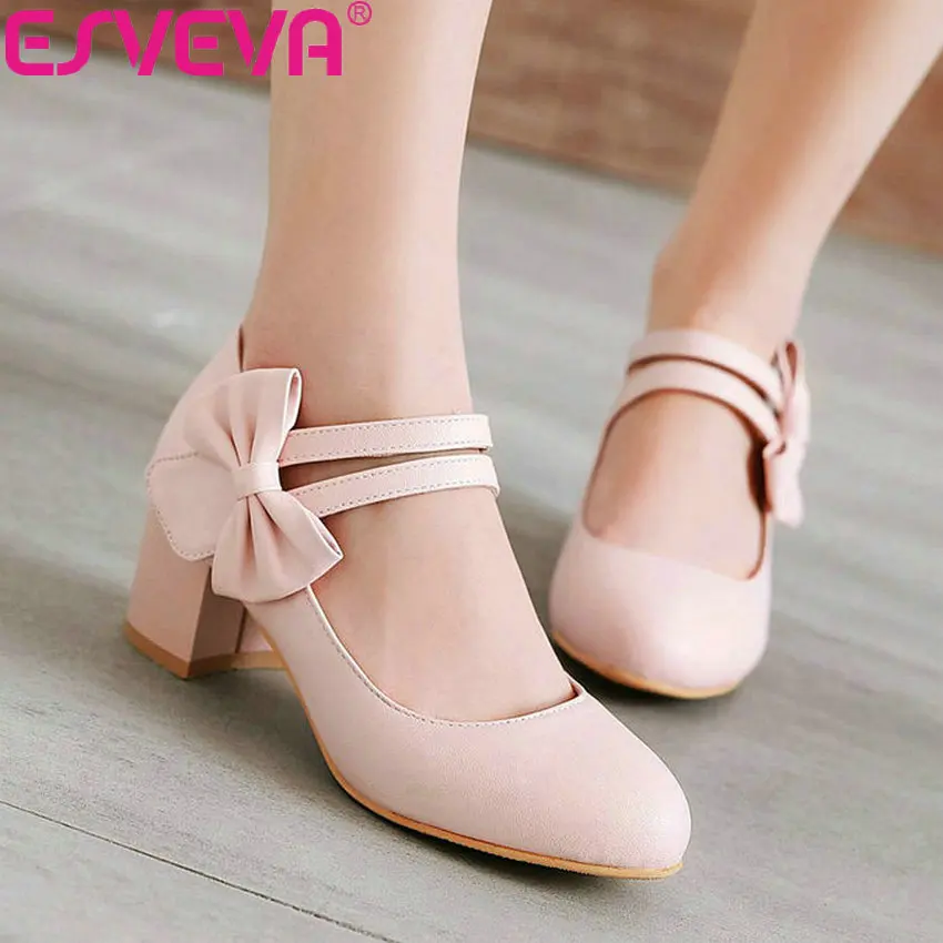 Женские туфли лодочки ESVEVA элегантные на высоком квадратном каблуке с бантом
