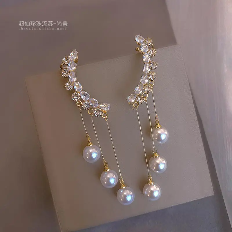 

New personality fashion design zircon earrings for women light luxury web celebrity temperament tassels pearl earrings for women