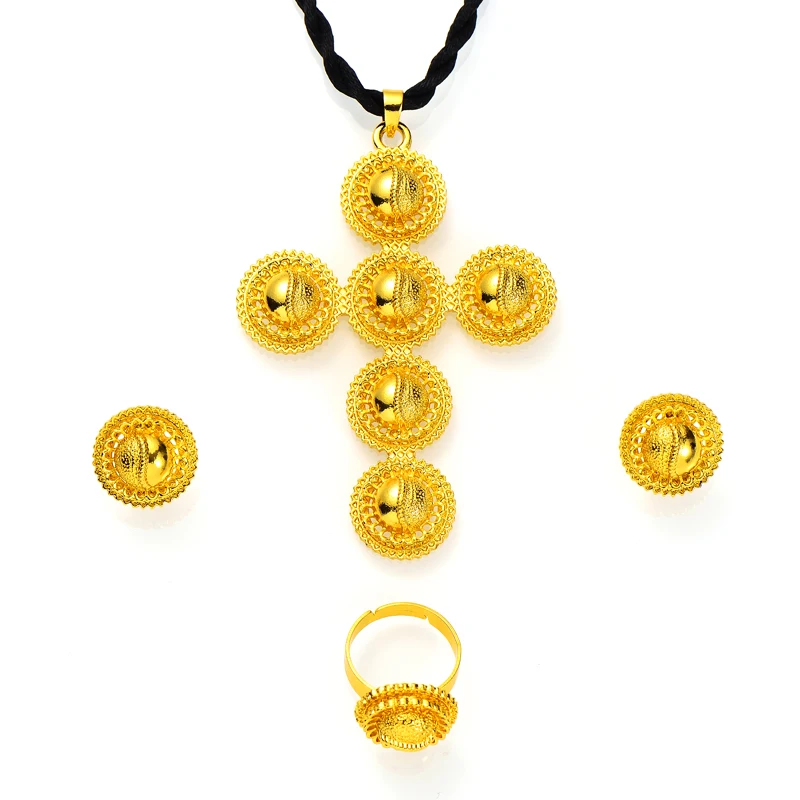 

Ethiopian/Eritrea Cross Jewelry Sets Pendant Necklaces Earrings Ring Bangles for Womens Gold Color Eritrean African Bride Gifts