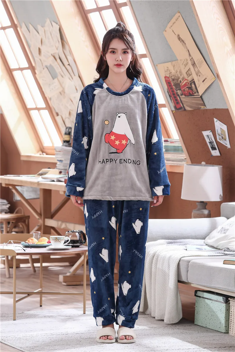 women white bear Caiyier/зимние пижамные комплекты для женщин и мужчин, толстые теплые фланелевые пижамы с длинными рукавами, костюм милая Повседневная Ночная сорочка с рисунком для пар - Цвет: women white bear