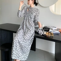 hollow retro floral drawstring long sleeved dress 2021 fashion spring and summer new french elegant loose casual robe women
