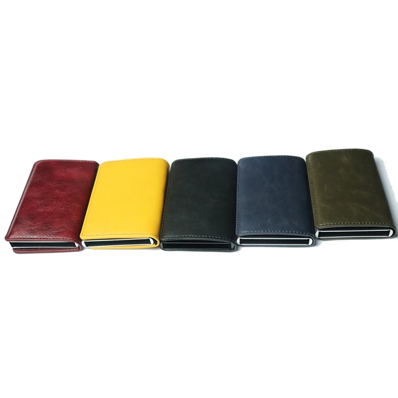 RFID Blocking Credit Card Holder Genuine Leather Men ID Card holder Mini Wallet Vintage Metal Automatic Anti-theft Card Wallet