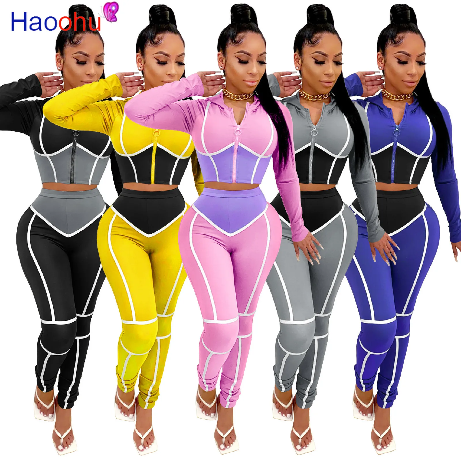 

HAOOHU Sportwear Patchwork Women's Set Long Sleeve Zipper Top Jogger Pant Set Tracksuit Fitness Two Piece Outfits Matching Set